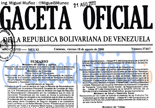 Gaceta Oficial 37017 del 18 Agosto 2000