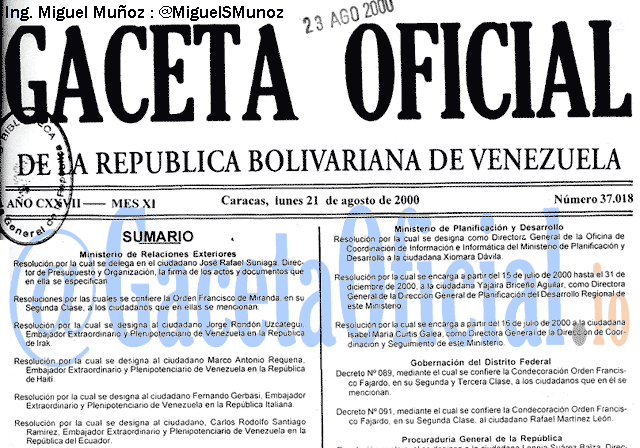 Gaceta Oficial 37018 del 21 Agosto 2000