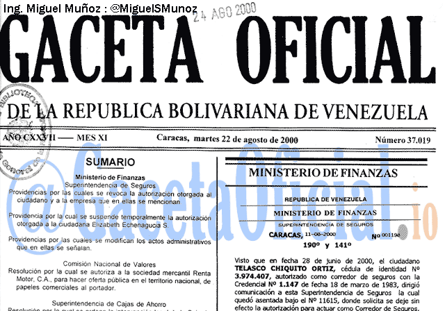 Gaceta Oficial 37019 del 22 Agosto 2000
