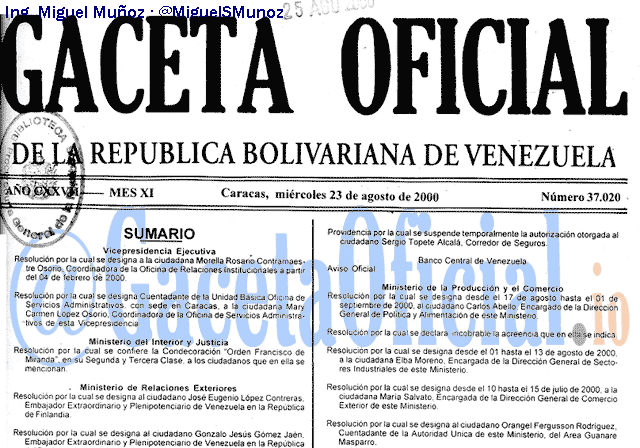 Gaceta Oficial 37020 del 23 Agosto 2000