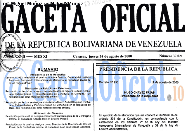 Gaceta Oficial 37021 del 24 Agosto 2000