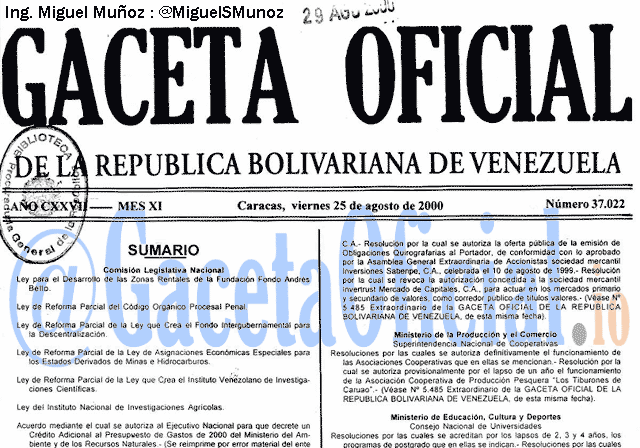 Gaceta Oficial 37022 del 25 Agosto 2000
