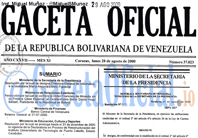 Gaceta Oficial 37023 del 28 Agosto 2000