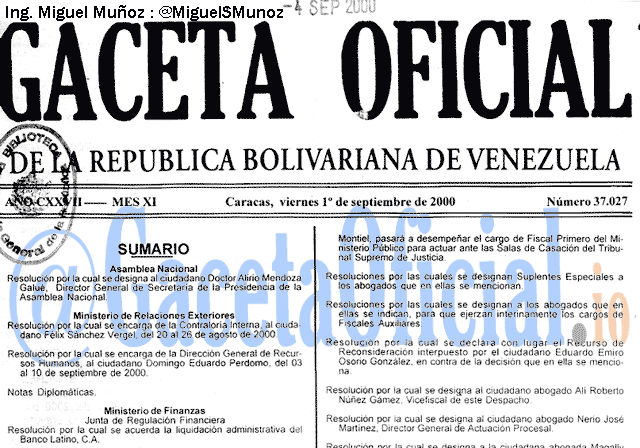 Gaceta Oficial 37027 del 1 Septiembre 2000