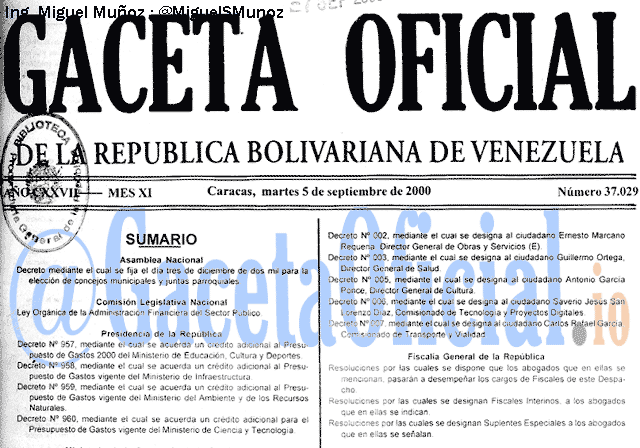 Gaceta Oficial 37029 del 5 Septiembre 2000