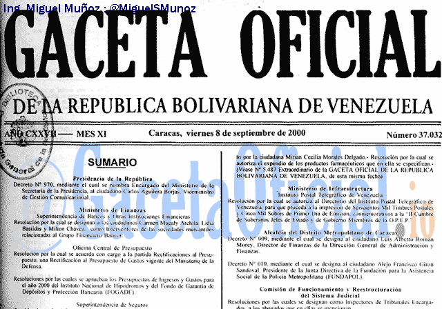 Gaceta Oficial 37032 del 8 Septiembre 2000
