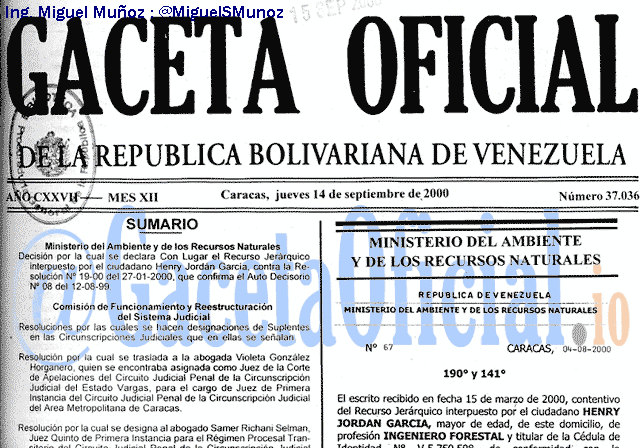 Gaceta Oficial 37036 del 14 Septiembre 2000