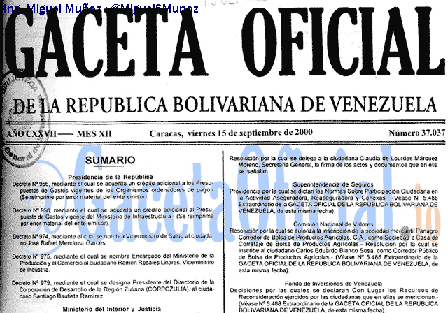 Gaceta Oficial 37037 del 15 Septiembre 2000