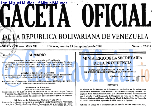 Gaceta Oficial 37039 del 19 Septiembre 2000