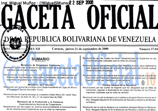 Gaceta Oficial 37041 del 21 Septiembre 2000