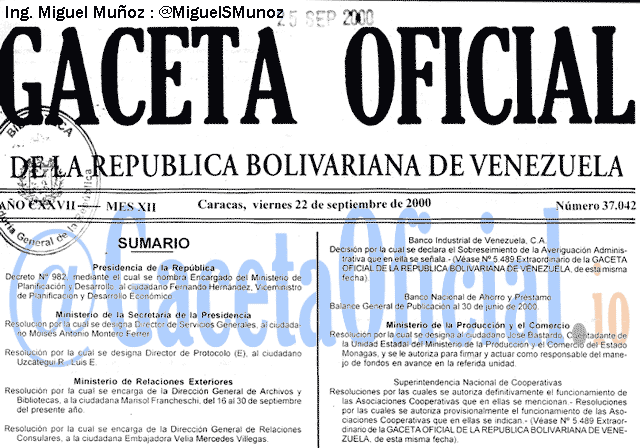 Gaceta Oficial 37042 del 22 Septiembre 2000