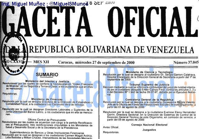 Gaceta Oficial 37045 del 27 Septiembre 2000