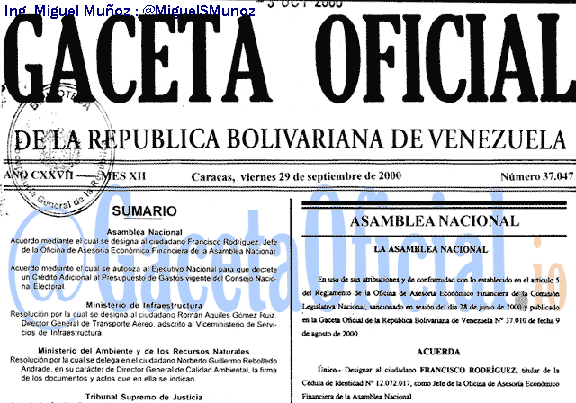 Gaceta Oficial 37047 del 29 Septiembre 2000