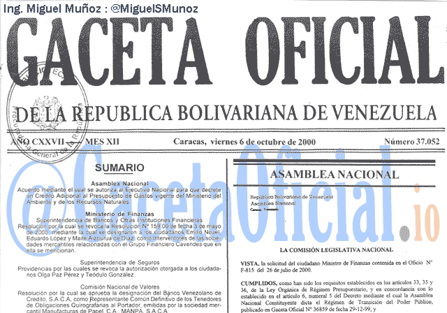 Gaceta Oficial 37052 del 6 Octubre 2000