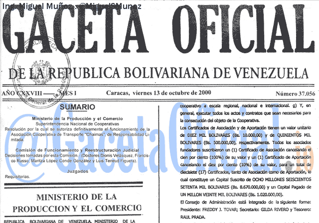 Gaceta Oficial 37056 del 13 Octubre 2000
