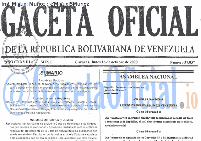Gaceta Oficial 37057 del 16 Octubre 2000