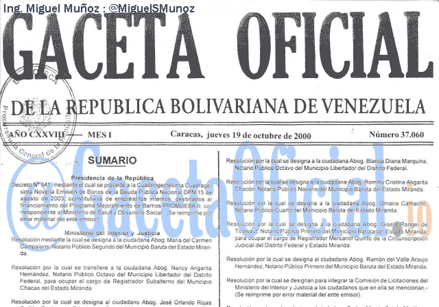Gaceta Oficial 37060 del 19 Octubre 2000