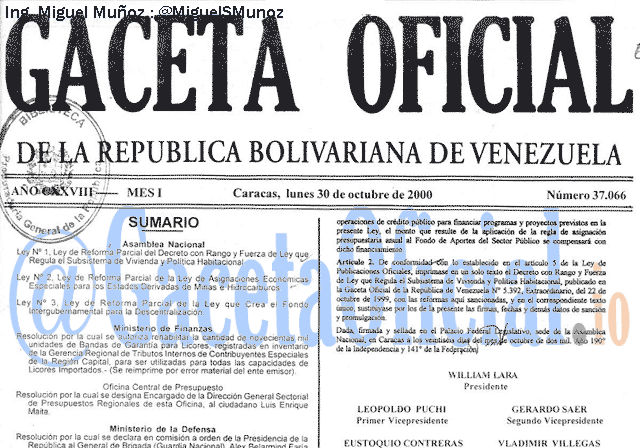 Gaceta Oficial 37066 del 30 Octubre 2000