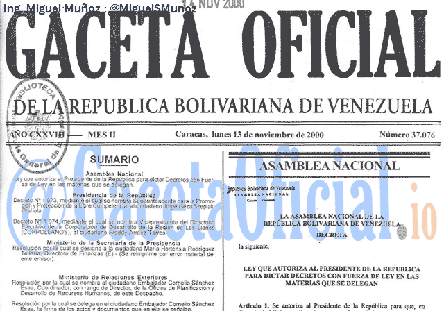 Gaceta Oficial 37076 del 13 Noviembre 2000
