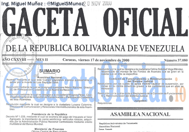 Gaceta Oficial 37080 del 17 Noviembre 2000