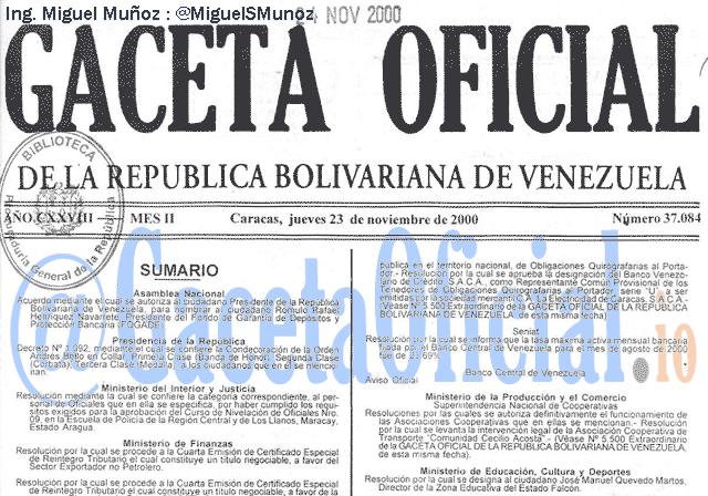 Gaceta Oficial 37084 del 23 Noviembre 2000
