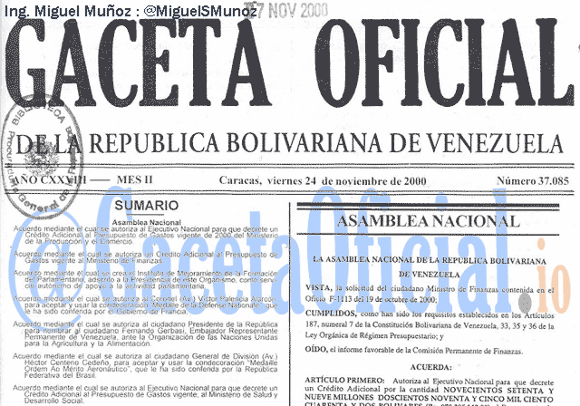 Gaceta Oficial 37085 del 24 Noviembre 2000