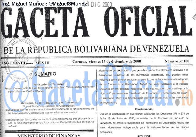 Gaceta Oficial 37100 del 15 Diciembre 2000