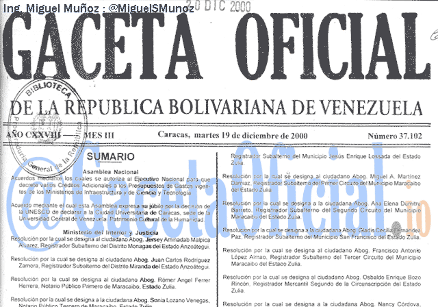 Gaceta Oficial 37102 del 19 Diciembre 2000