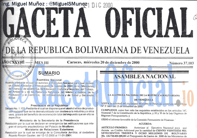 Gaceta Oficial 37103 del 20 Diciembre 2000