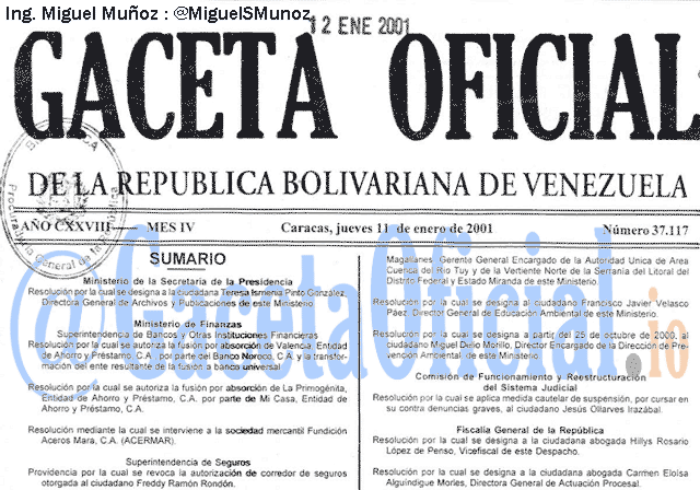 Gaceta Oficial 37117 del 11 Enero 2001