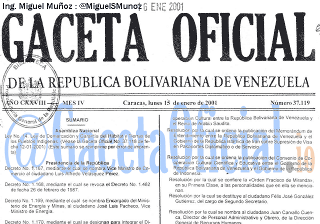 Gaceta Oficial 37119 del 15 Enero 2001