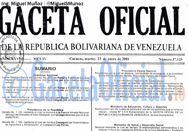 Gaceta Oficial 37125 del 23 Enero 2001