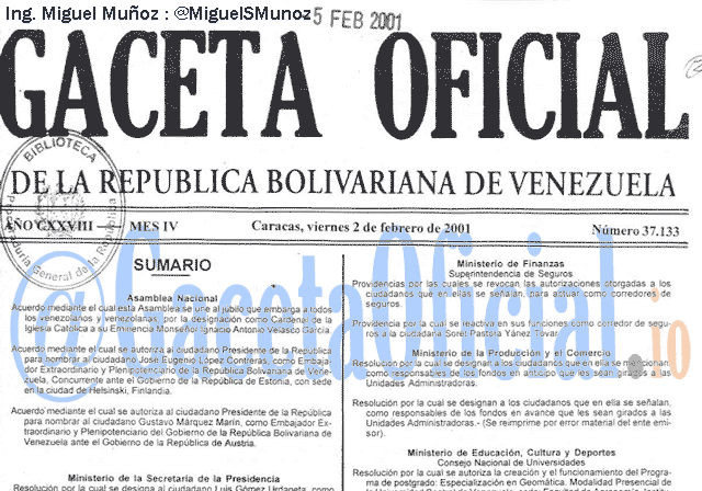 Gaceta Oficial 37133 del 2 Febrero 2001