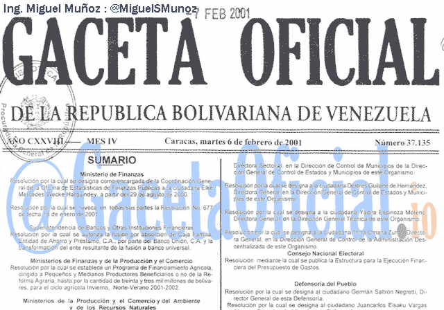 Gaceta Oficial 37135 del 6 Febrero 2001