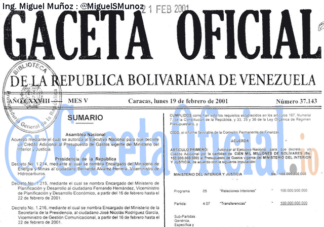 Gaceta Oficial 37143 del 19 Febrero 2001