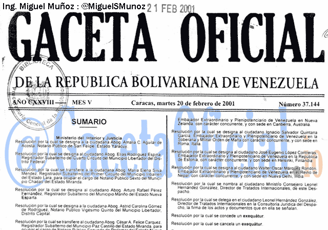 Gaceta Oficial 37144 del 20 Febrero 2001