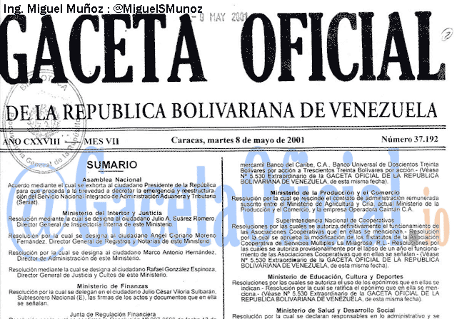 Gaceta Oficial 37192 del 8 Mayo 2001