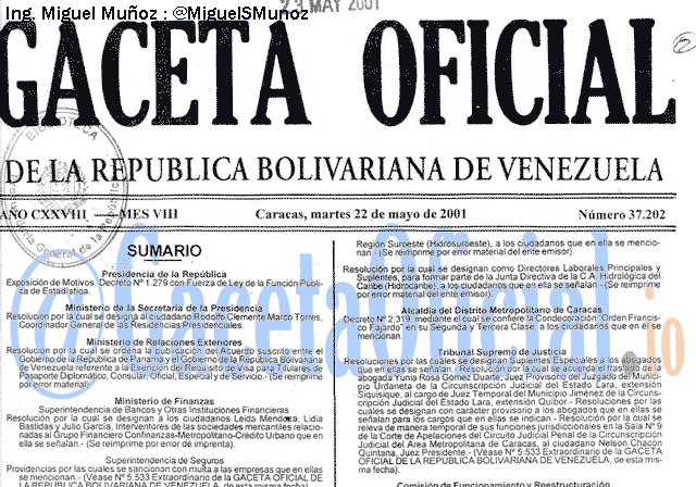 Gaceta Oficial 37202 del 22 Mayo 2001