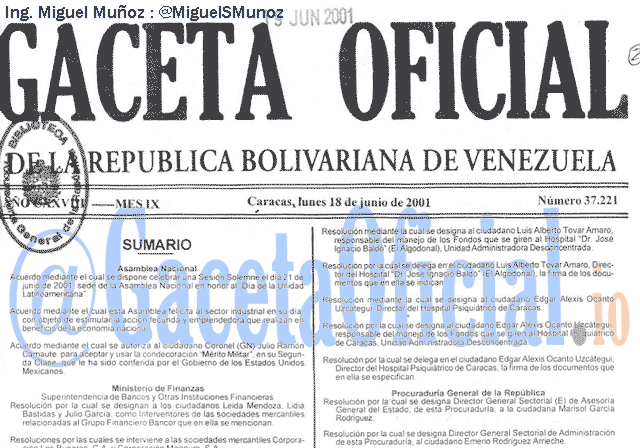 Gaceta Oficial 37221 del 18 Junio 2001