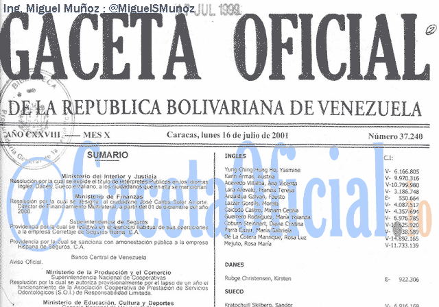 Gaceta Oficial 37240 del 16 Julio 2001