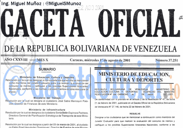 Gaceta Oficial 37251 del 1 Agosto 2001