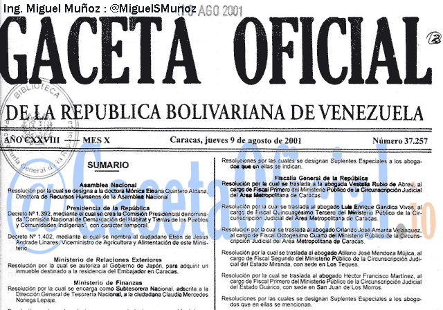 Gaceta Oficial 37257 del 9 Agosto 2001