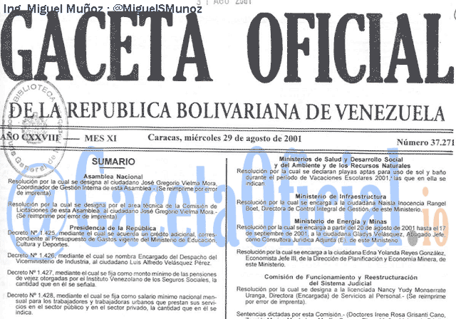 Gaceta Oficial 37271 del 29 Agosto 2001