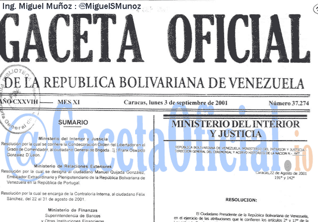 Gaceta Oficial 37274 del 3 Septiembre 2001