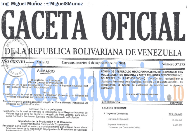 Gaceta Oficial 37275 del 4 Septiembre 2001