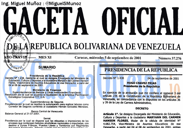 Gaceta Oficial 37276 del 5 Septiembre 2001