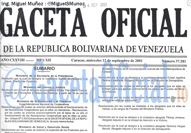 Gaceta Oficial 37281 del 12 Septiembre 2001
