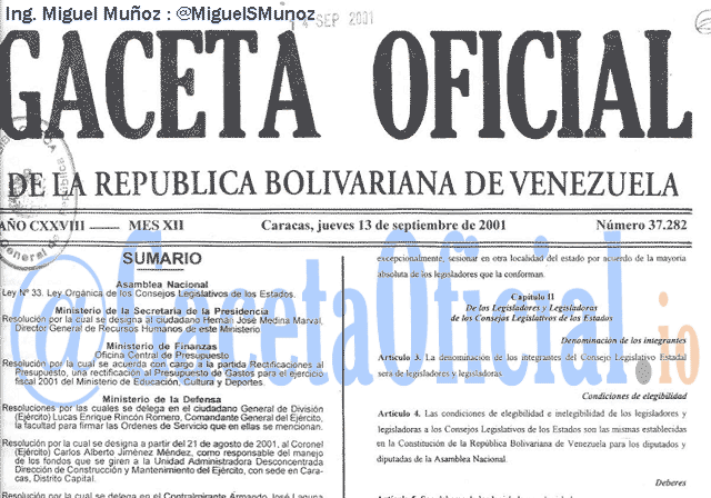 Gaceta Oficial 37282 del 13 Septiembre 2001