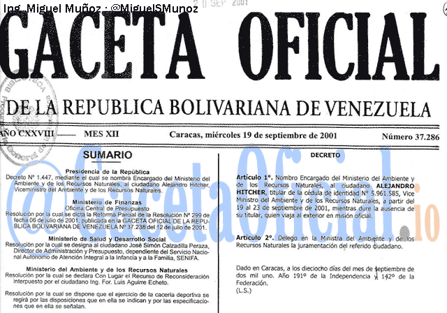 Gaceta Oficial 37286 del 19 Septiembre 2001