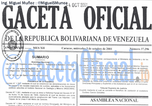 Gaceta Oficial 37296 del 3 Octubre 2001